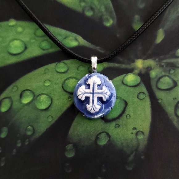 Handmade Ceramic Blue Fleur De Lis Cross Pendant Necklace - Picture 11 of 14